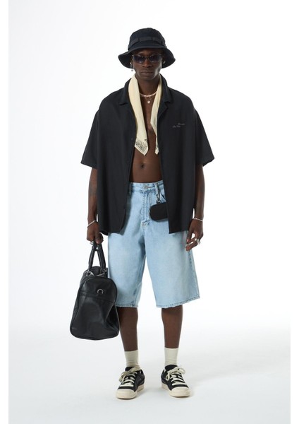 Yıkamalı Oversize Arka Baskılı Kısa Kol Cepsiz Gömlek Siyah modelleri