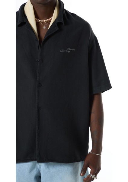 Yıkamalı Oversize Arka Baskılı Kısa Kol Cepsiz Gömlek Siyah indirimleri