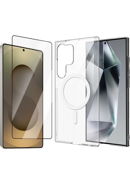 Galaxy S25 Ultra Kılıf Sararma Yapmayan Kamera Korumalı Magsafe Sert PC Zore Porto Kapak + Cam Ekran Koruyucu