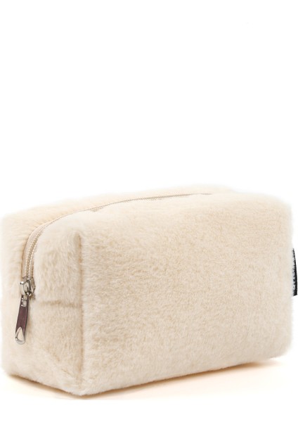 Krem SHK244 Peluş Kumaş ,fermuarlı Tek Bölmeli ,seyahat ve Makyaj Çantası