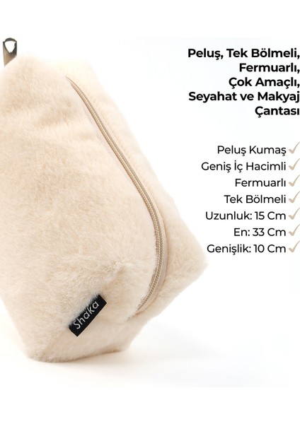 Krem SHK244 Peluş Kumaş ,fermuarlı Tek Bölmeli ,seyahat ve Makyaj Çantası