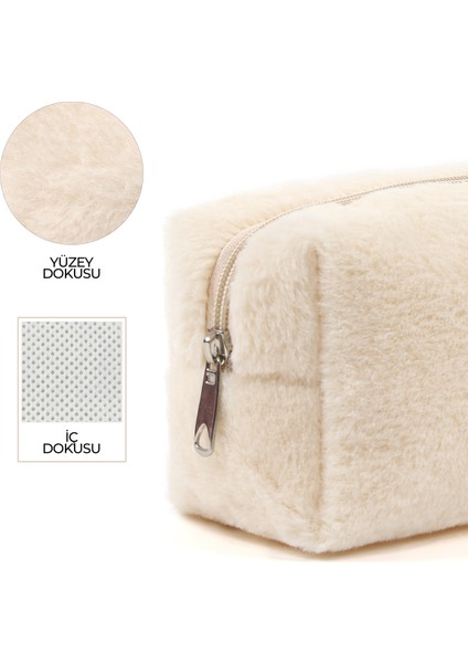 Krem SHK244 Peluş Kumaş ,fermuarlı Tek Bölmeli ,seyahat ve Makyaj Çantası