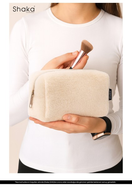 Krem SHK244 Peluş Kumaş ,fermuarlı Tek Bölmeli ,seyahat ve Makyaj Çantası