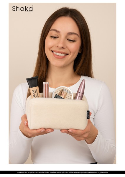 Krem SHK244 Peluş Kumaş ,fermuarlı Tek Bölmeli ,seyahat ve Makyaj Çantası