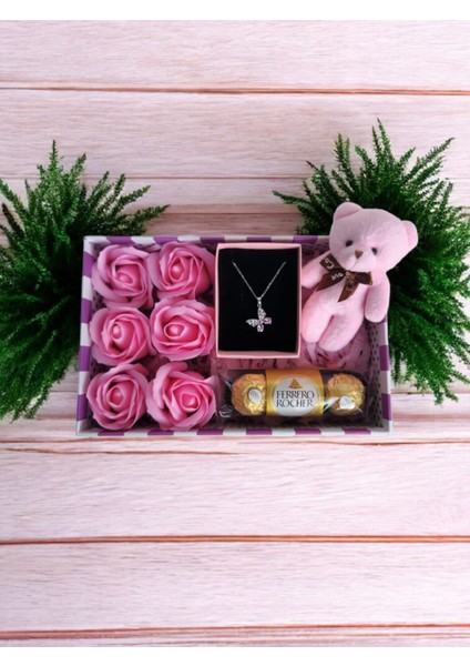 PEMBE KELEBEK ÇELİK KOLYE PEMBE PELUŞ AYICIK ÇİKOLATA SEVGİLİYE ARKADAŞA HEDİYE SETİ