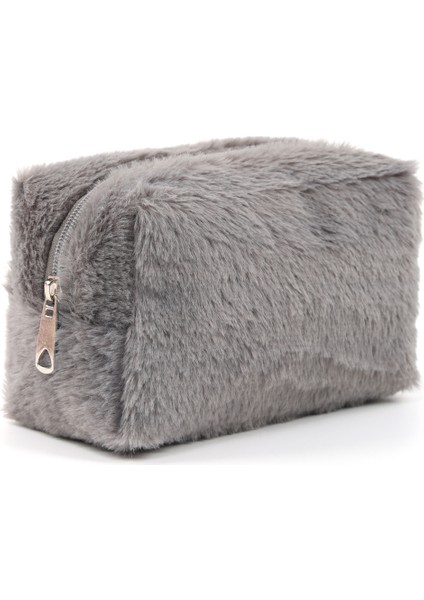 Gri SHK244 Peluş Kumaş ,fermuarlı Tek Bölmeli ,seyahat ve Makyaj Çantası