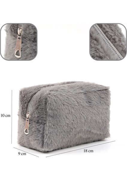 Gri SHK244 Peluş Kumaş ,fermuarlı Tek Bölmeli ,seyahat ve Makyaj Çantası