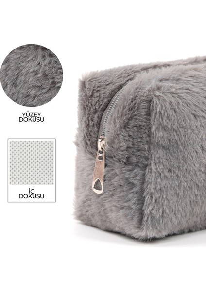 Gri SHK244 Peluş Kumaş ,fermuarlı Tek Bölmeli ,seyahat ve Makyaj Çantası