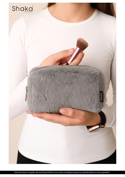 Gri SHK244 Peluş Kumaş ,fermuarlı Tek Bölmeli ,seyahat ve Makyaj Çantası
