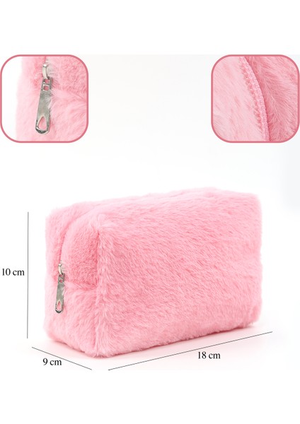 Pembe SHK244 Peluş Kumaş ,fermuarlı Tek Bölmeli ,seyahat ve Makyaj Çantası
