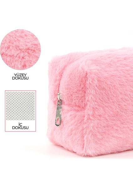 Pembe SHK244 Peluş Kumaş ,fermuarlı Tek Bölmeli ,seyahat ve Makyaj Çantası