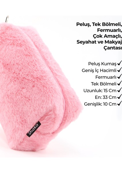 Pembe SHK244 Peluş Kumaş ,fermuarlı Tek Bölmeli ,seyahat ve Makyaj Çantası