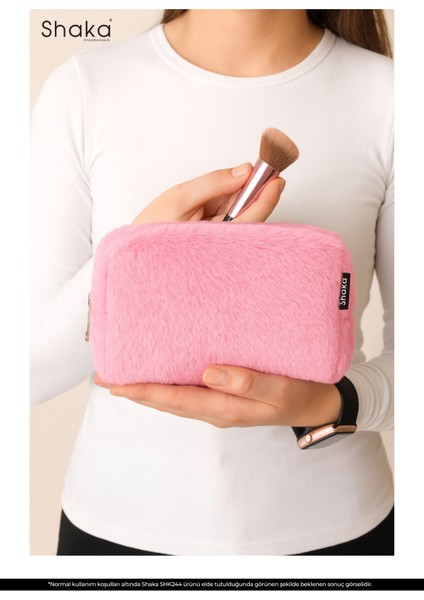 Pembe SHK244 Peluş Kumaş ,fermuarlı Tek Bölmeli ,seyahat ve Makyaj Çantası