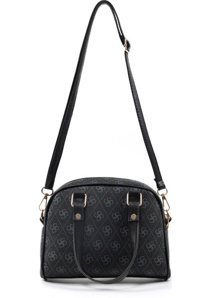 Monogram Baskılı Siyah SHK205 Suni Deri Fermuarlı Tek Bölmeli Ayarlanabilir Askılı El,kol ve Omuz Çantası