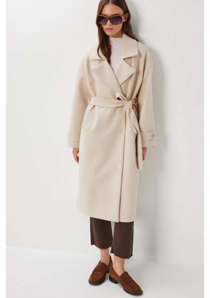 Kruvaze Yaka Kuşaklı Kaşe Kaban LDW0007 Krem