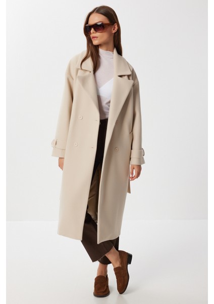 Kruvaze Yaka Kuşaklı Kaşe Kaban LDW0007 Krem fiyatları