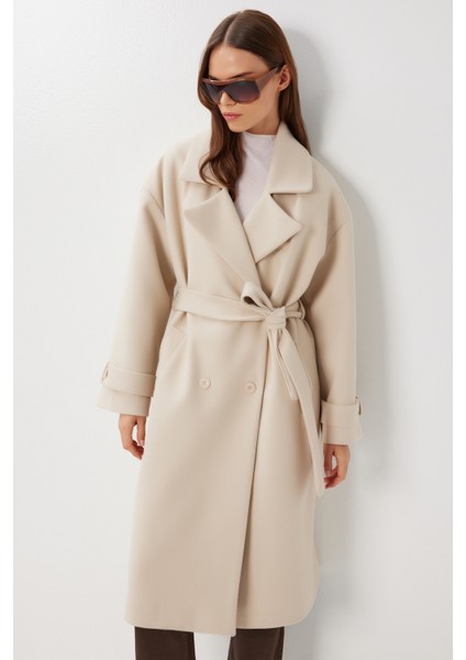 Kruvaze Yaka Kuşaklı Kaşe Kaban LDW0007 Krem modelleri