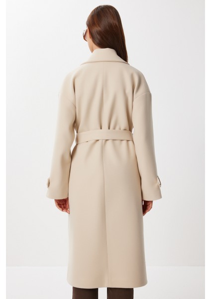 Kruvaze Yaka Kuşaklı Kaşe Kaban LDW0007 Krem indirimleri