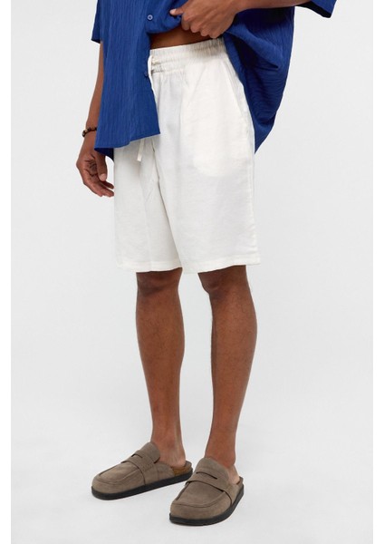 Oversize Keten Şort Beyaz