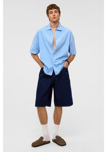 Oversize Bermuda Denim Şort Koyu Mavi