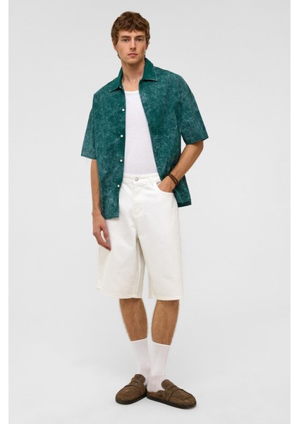 Oversize Bermuda Denim Şort Ekru