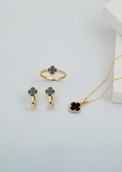 Oniks Taşlı Yonca 14 Ayar Altın Üçlü Takı Seti fiyatları