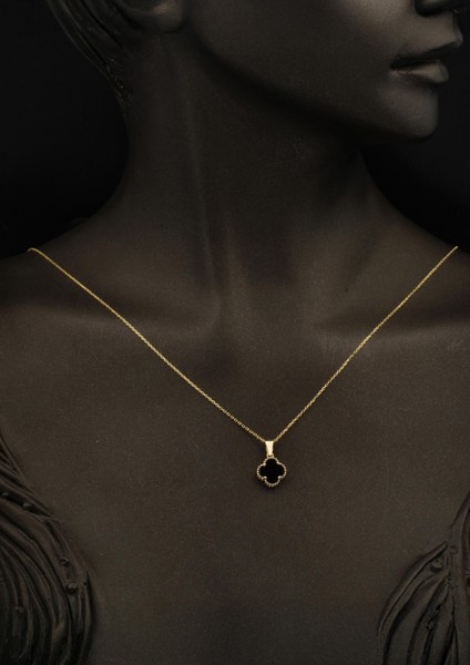 Oniks Taşlı Yonca 14 Ayar Altın Üçlü Takı Seti modelleri