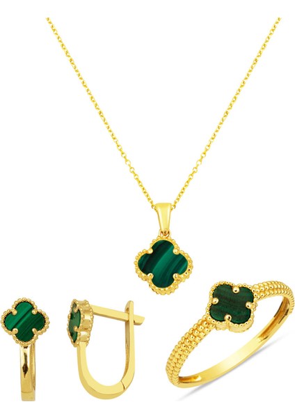 Yeşil Taşlı Yonca Altın Takı Seti 14 Ayar