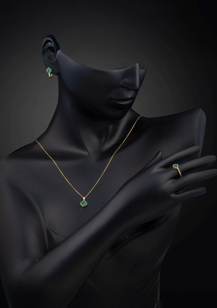 Yeşil Taşlı Yonca Altın Takı Seti 14 Ayar fiyatları