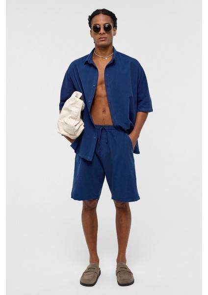 Oversize Keten Şort Lacivert