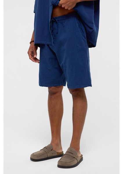 Oversize Keten Şort Lacivert modelleri