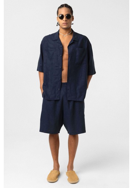 Oversize Keten Şort Lacivert