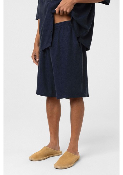 Oversize Keten Şort Lacivert modelleri