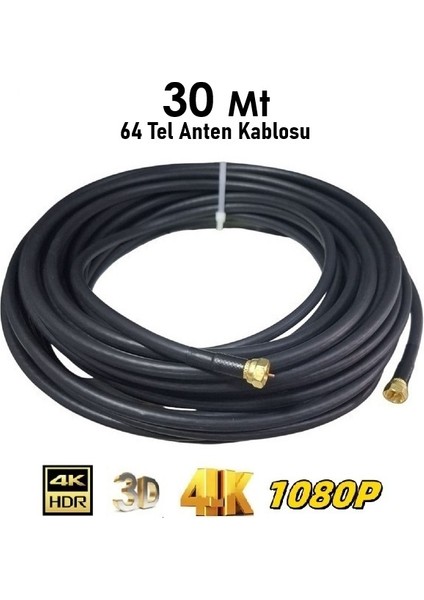 30 Metre Rg6 U4 Gold Uçlu 64 Tel Hazır Uydu Çanak Anten Kablosu “ Tak Çalıştır” (Siyah)