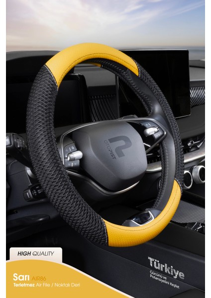 Oto Geçmeli Direksiyon Kılıfı - Air File / Delikli Deri - Sarı