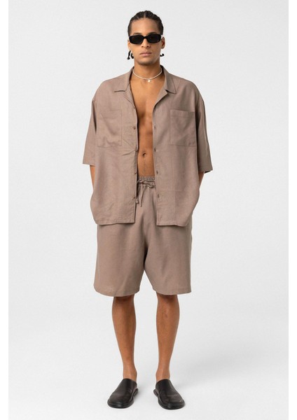 Oversize Keten Şort Vizon