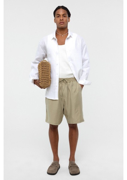 Oversize Modal Kumaş Bermuda Şort Haki