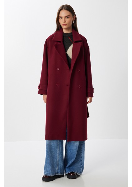 Kruvaze Yaka Kuşaklı Kaşe Kaban LDW0007 Bordo