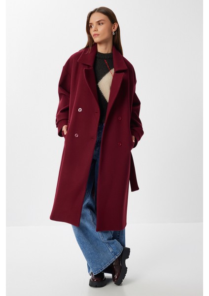 Kruvaze Yaka Kuşaklı Kaşe Kaban LDW0007 Bordo fiyatları