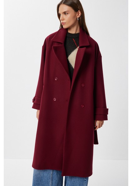 Kruvaze Yaka Kuşaklı Kaşe Kaban LDW0007 Bordo modelleri