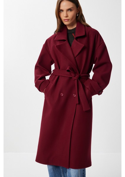 Kruvaze Yaka Kuşaklı Kaşe Kaban LDW0007 Bordo fırsatları