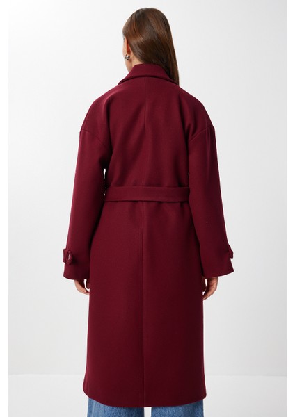 Kruvaze Yaka Kuşaklı Kaşe Kaban LDW0007 Bordo indirimleri