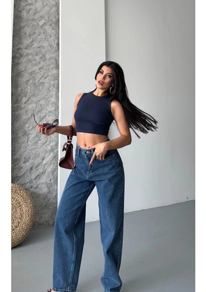 Baggy Kar Yıkama Jeans Pantolon Koyu Mavi D2007 fırsatları