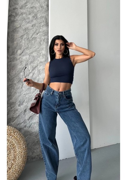 Baggy Kar Yıkama Jeans Pantolon Koyu Mavi D2007
