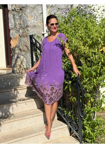 NC50848 Italyan Pamuk Keten Astarlı Elbise Mor