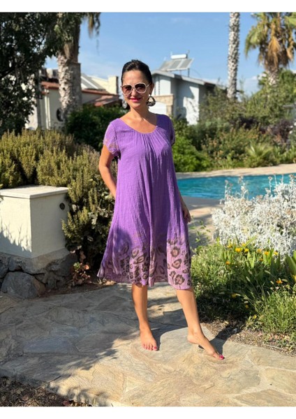 NC50848 Italyan Pamuk Keten Astarlı Elbise Mor fiyatları