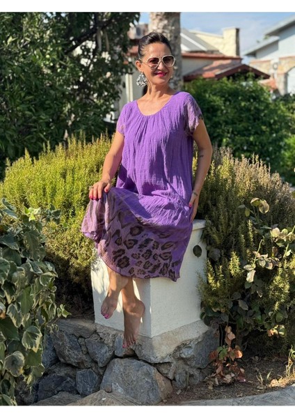 NC50848 Italyan Pamuk Keten Astarlı Elbise Mor modelleri