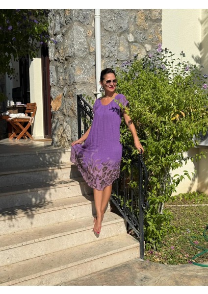NC50848 Italyan Pamuk Keten Astarlı Elbise Mor fırsatları