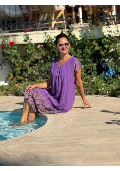 NC50848 Italyan Pamuk Keten Astarlı Elbise Mor indirimleri