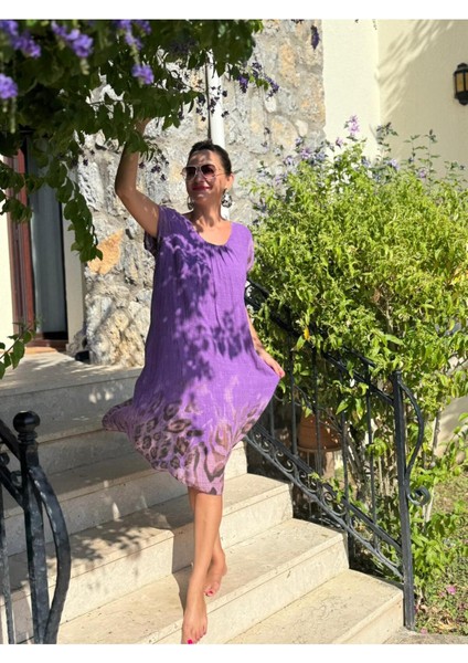 NC50848 Italyan Pamuk Keten Astarlı Elbise Mor